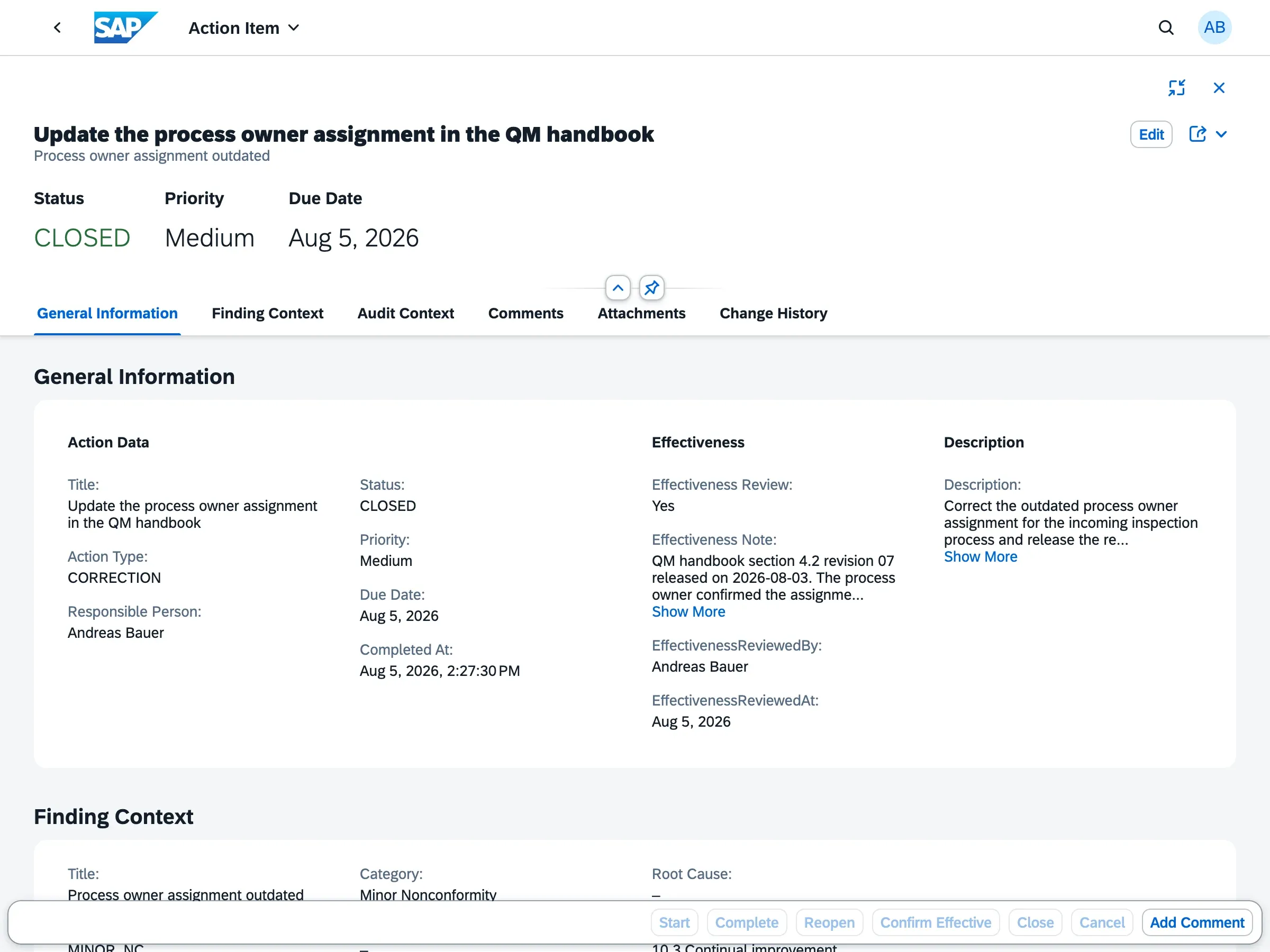 Maßnahme im Status geschlossen mit bestätigter Wirksamkeitsprüfung, Prüfer und Prüfdatum