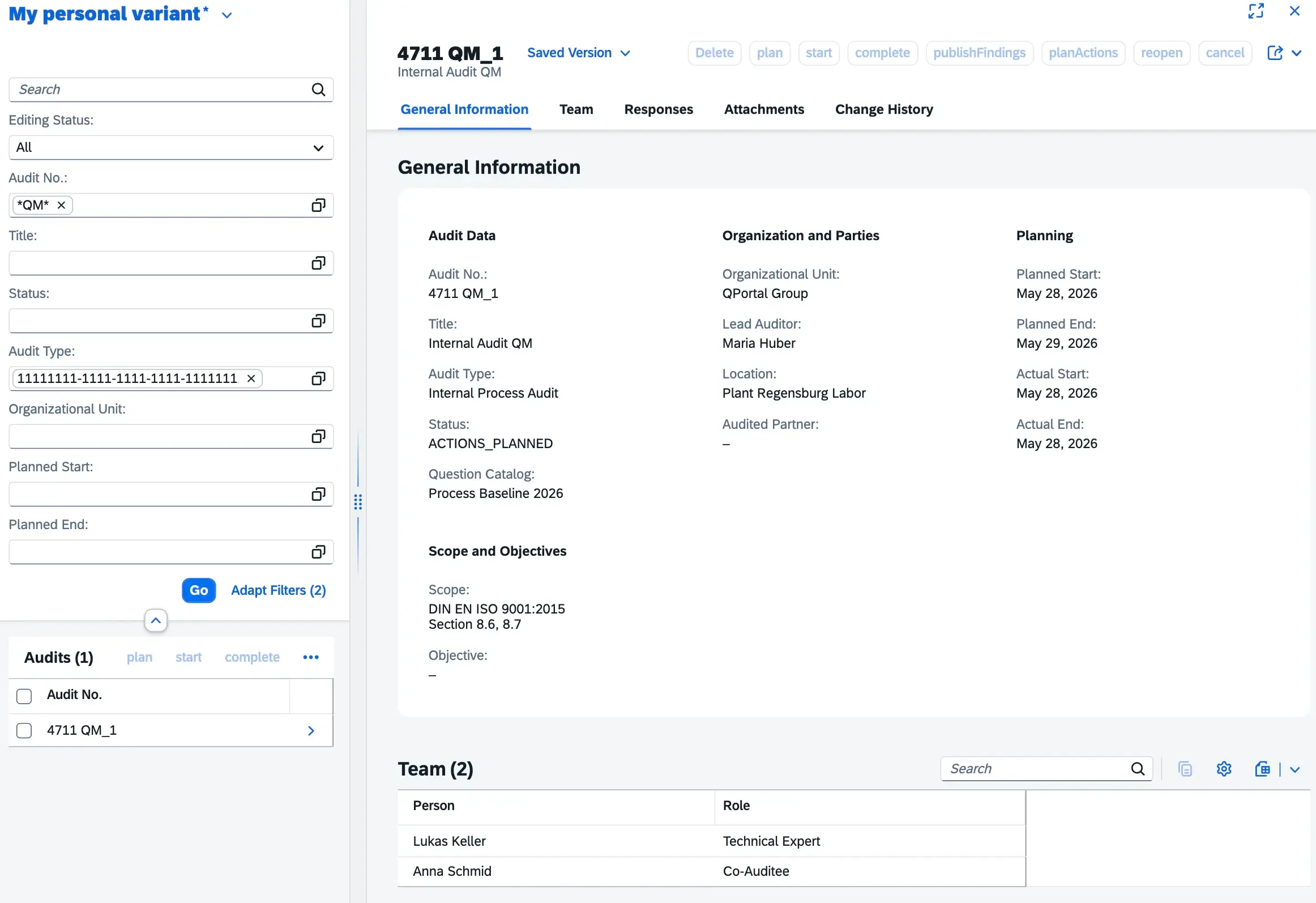 Filter audits by status or site and see all details with a single click.