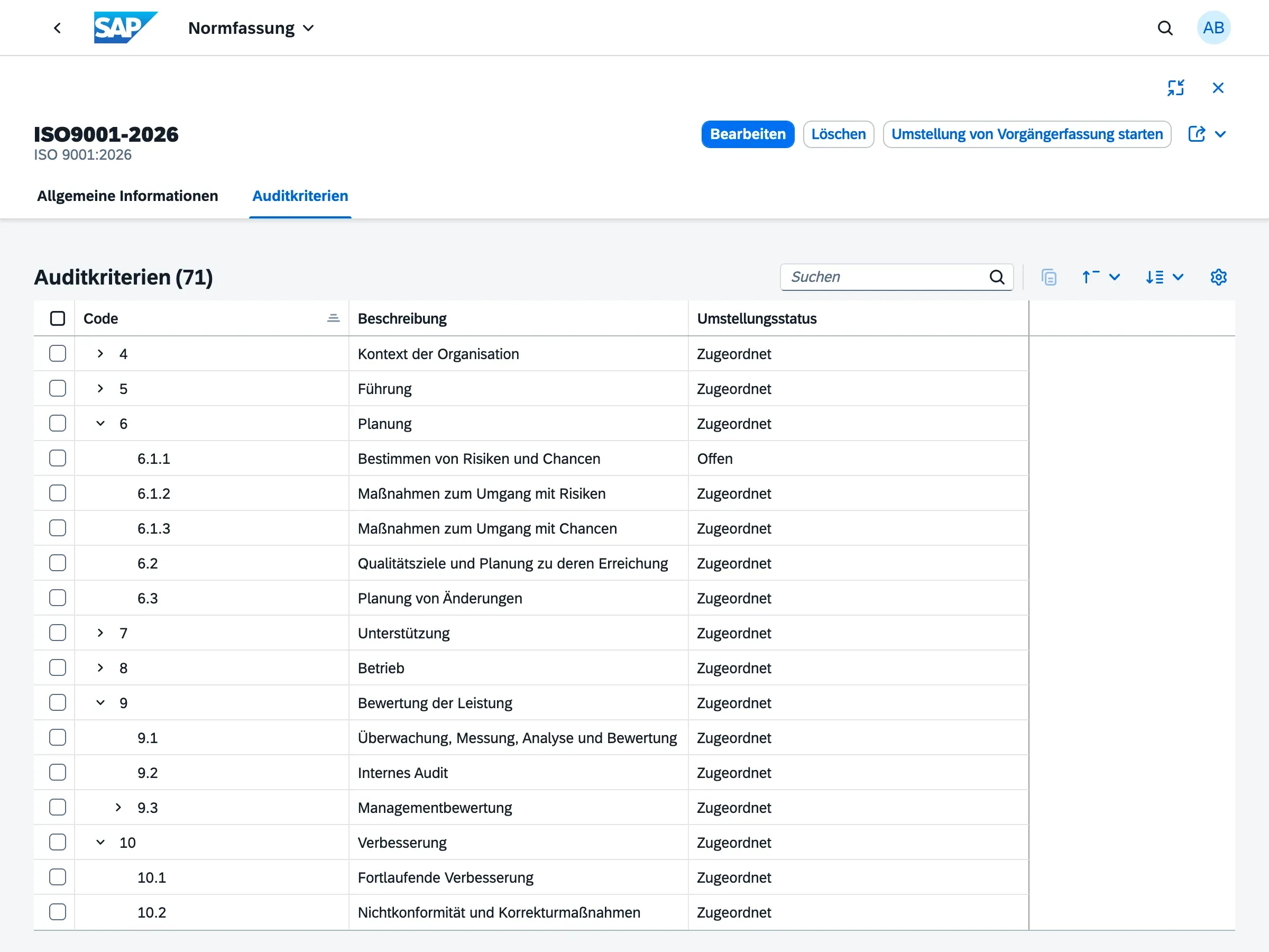 Normfassung ISO 9001:2026 mit eigenem Kriterienbaum: 6.1 ist in 6.1.1 bis 6.1.3 gegliedert, die Spalte Umstellungsstatus zeigt je Kriterium Zugeordnet oder Offen.