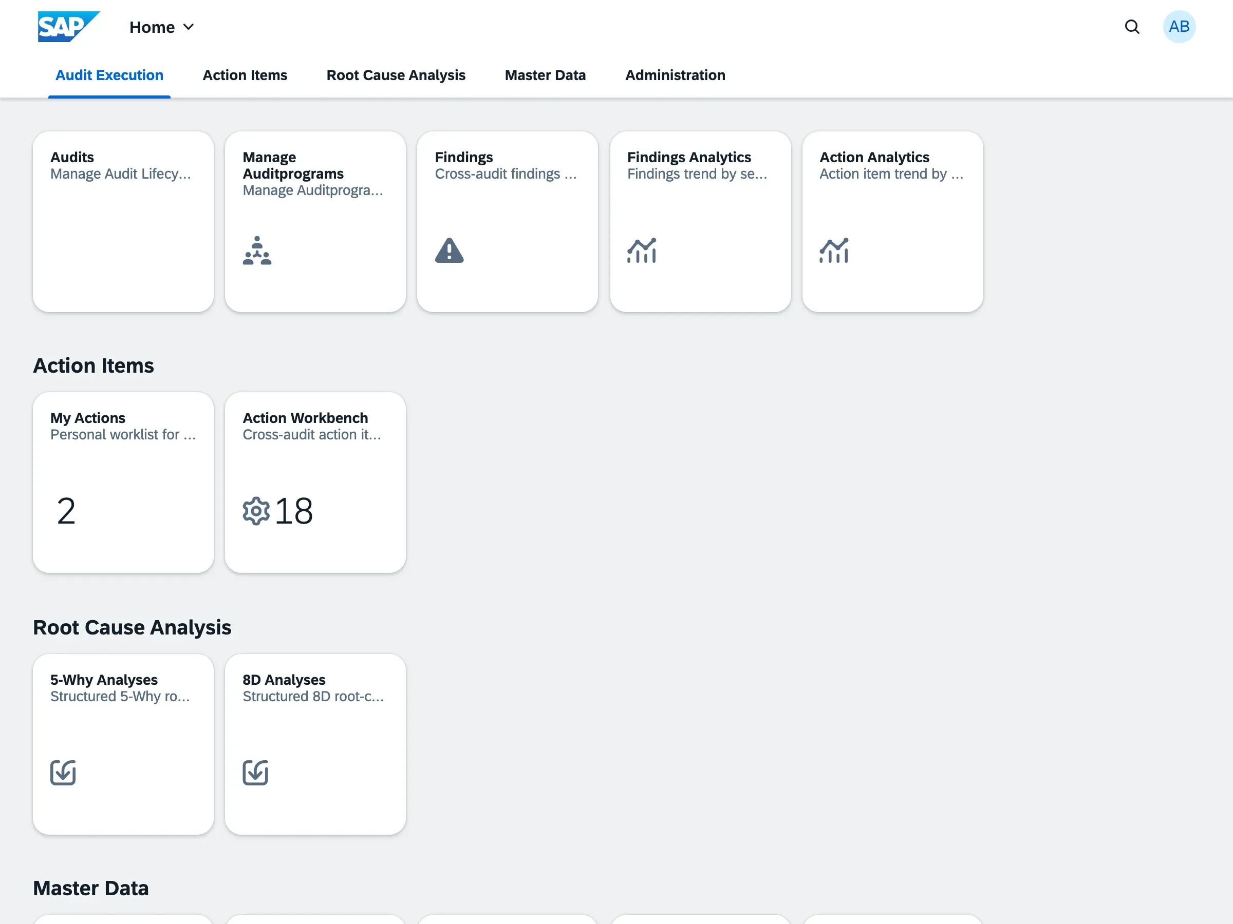 Startseite des qportal-Portals mit den Bereichen Auditdurchführung, Maßnahmen, Ursachenanalyse und Stammdaten